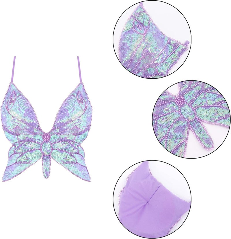 Mocure Womens Glitter Sequin Butterfly Crop Top Low-Cut Tank Top Rave Tube Vest Top for Belly Dance Costume Outfits - Image 5